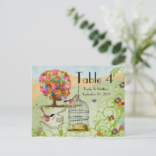 Flower Tree Birds & Bird Cage Wedding Number Card