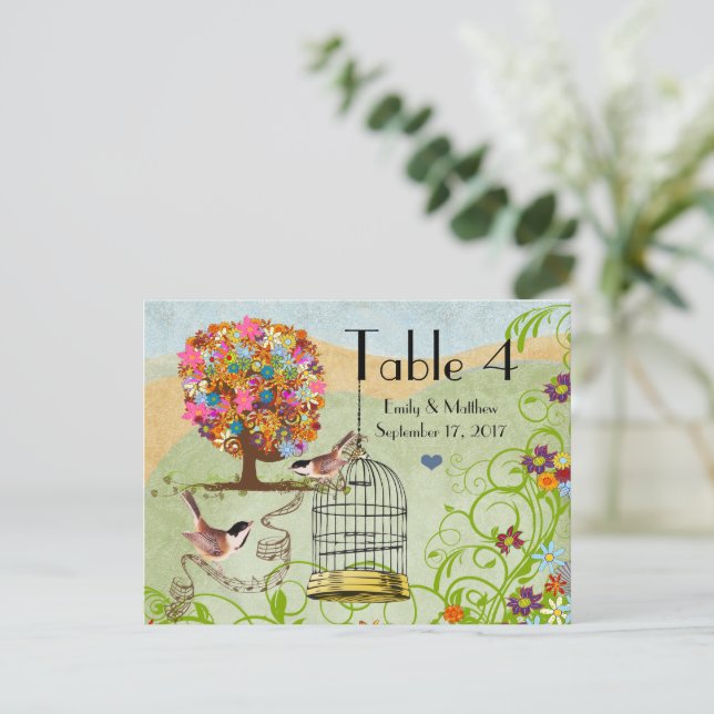 Flower Tree Birds & Bird Cage Wedding Number Card (Standing Front)
