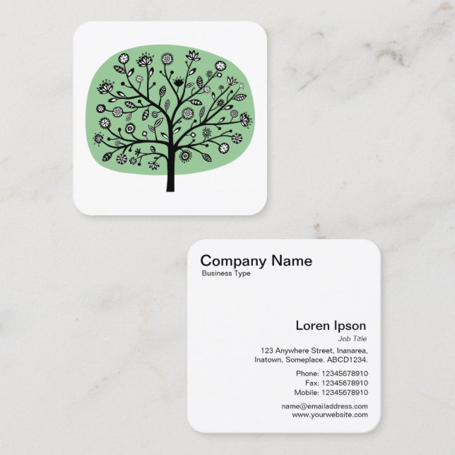 Flower Tree - Faded Green Square Business Card (Front/Back)