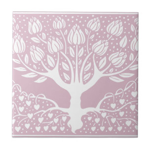 Flower Tree Pink & White Beardsley Hearts Tile