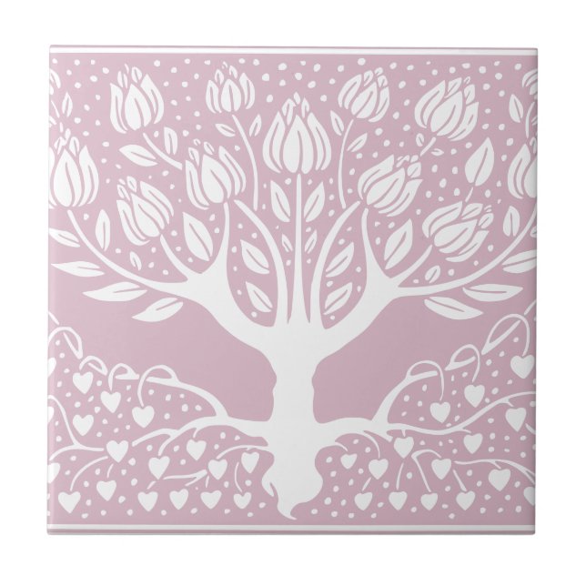 Flower Tree Pink & White Beardsley Hearts Tile (Front)