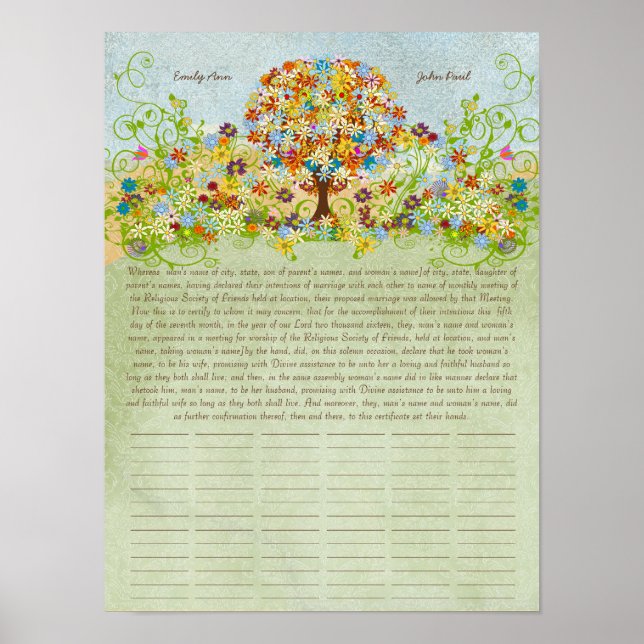 Flower Tree Print  Quaker Wedding Certificate (Front)