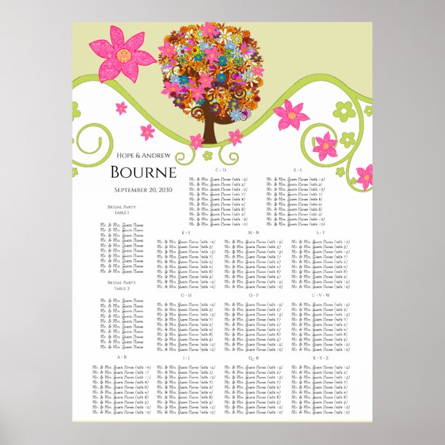Flower Tree Seating Chart Alphabetical Table #'s (Front)