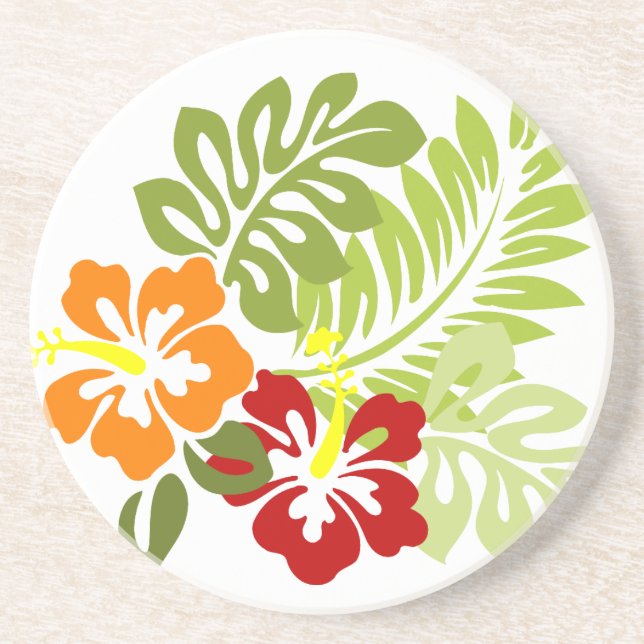 Flower Tropical Leaves Hibiscus Hawaii Red Orange. Coaster (Front)