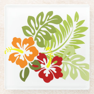 Flower Tropical Leaves Hibiscus Hawaii Red Orange. Glass Coaster