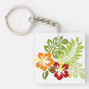 Flower Tropical Leaves Hibiscus Hawaii Red Orange. Keychain