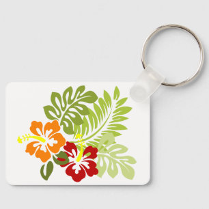 Flower Tropical Leaves Hibiscus Hawaii Red Orange. Keychain
