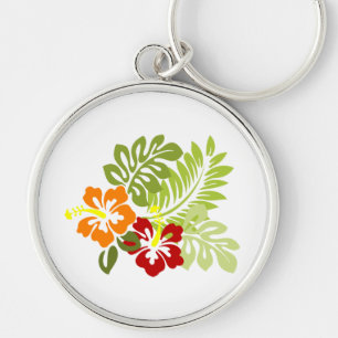 Flower Tropical Leaves Hibiscus Hawaii Red Orange. Keychain
