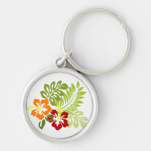 Flower Tropical Leaves Hibiscus Hawaii Red Orange. Keychain