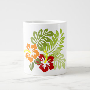 Flower Tropical Leaves Hibiscus Hawaii Red Orange. Large Coffee Mug