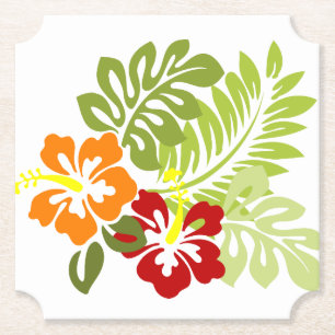 Flower Tropical Leaves Hibiscus Hawaii Red Orange. Paper Coaster