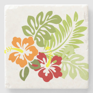 Flower Tropical Leaves Hibiscus Hawaii Red Orange. Stone Coaster