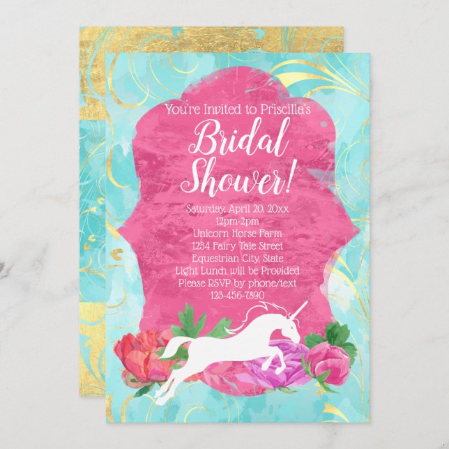 Flower Unicorn Fantasy Equestrian Bridal Shower Invitation (Front/Back)