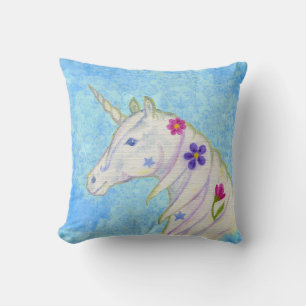 Flower Unicorn on Blue Throw Pillow