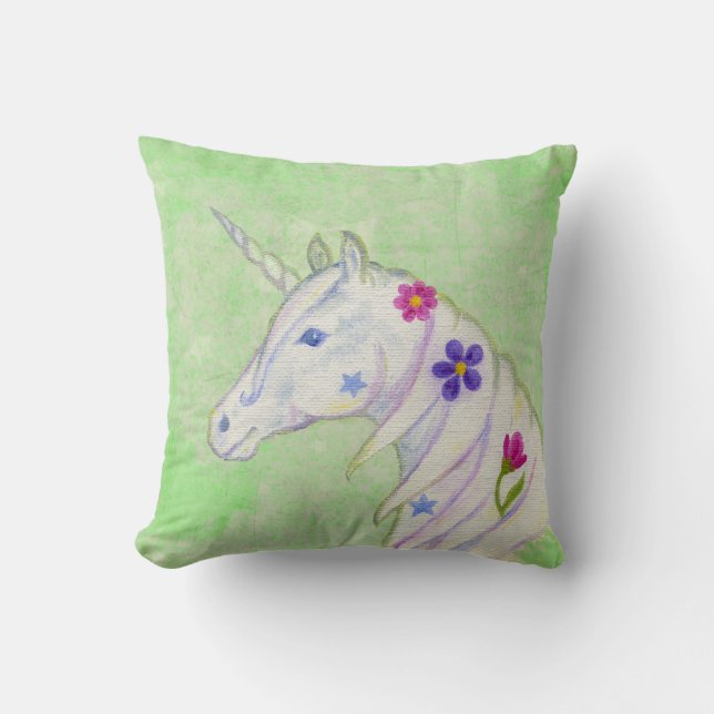 Flower Unicorn on Green Throw Pillow (Front)