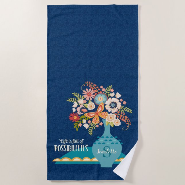 Flower Vase Blue Floral Inspirational Quote Beach Towel (Front)