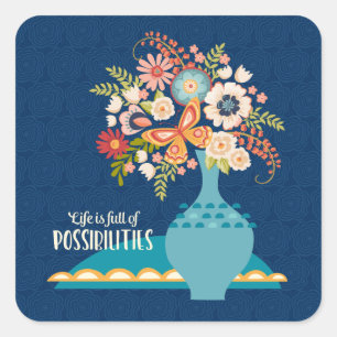 flower Vase Elegant Stylish Blue Square Sticker