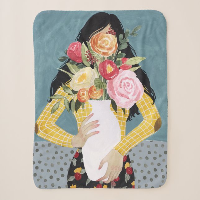 Flower Vase Girl Sherpa Blanket (Front)