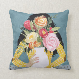 Flower Vase Girl Throw Pillow