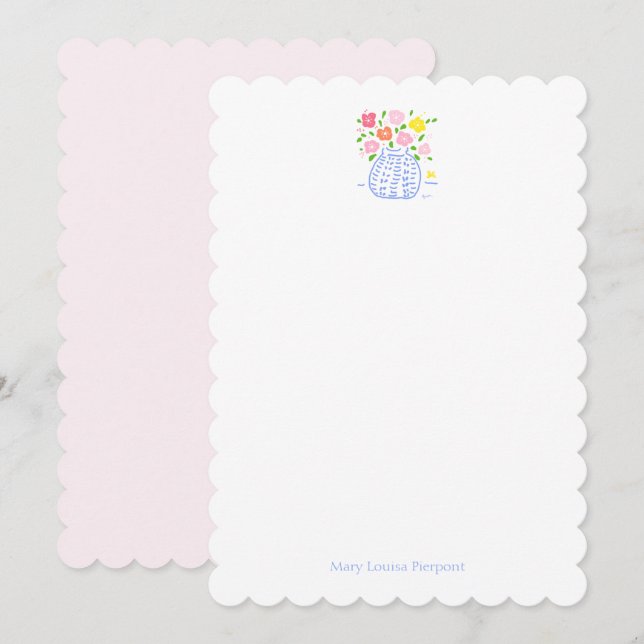 Flower Vase  Scalloped Personalized Note Card (Front/Back)