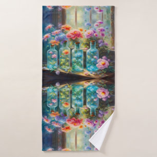 Flower vases filled with stunning, vibrant blooms, bath towel