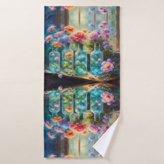 Flower vases filled with stunning, vibrant blooms, bath towel