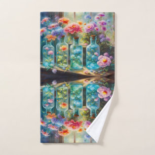 Flower vases filled with stunning, vibrant blooms, hand towel