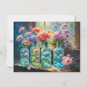 Flower vases filled with stunning, vibrant blooms  postcard