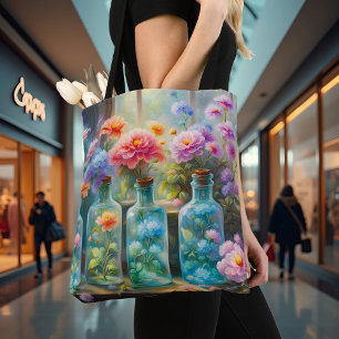 Flower vases filled with stunning, vibrant blooms, tote bag