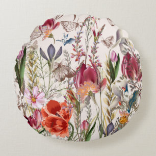 Flower vintage pattern with assorted plants. Vinta Round Pillow