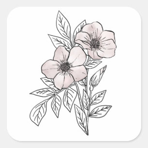 Flower watercolor line art, aesthetic element square sticker