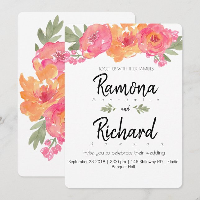 Flower wedding pink and orange floral invites (Front/Back)