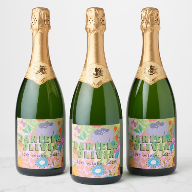 Flower Wedding Sparkling Wine Label (Bottles)