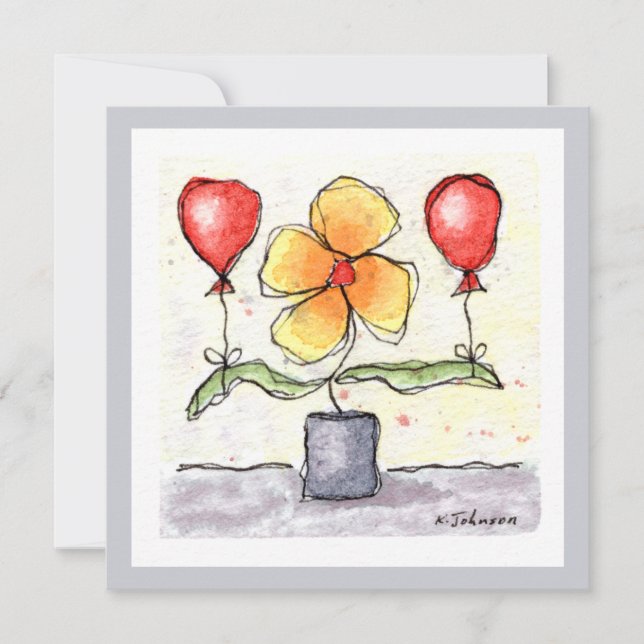 Flower with Balloons Watercolor Greeting Card (Front)