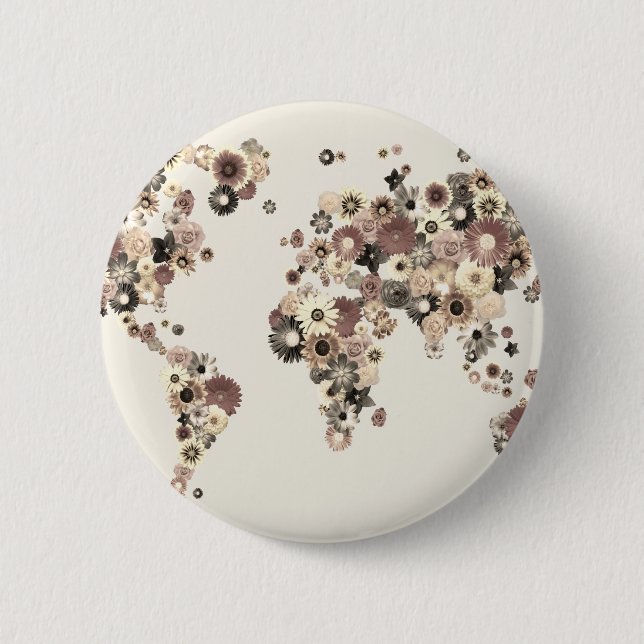 Flower World Map Sepia 2 Inch Round Button (Front)