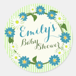 Flower Wreath Baby Shower Blue Classic Round Sticker