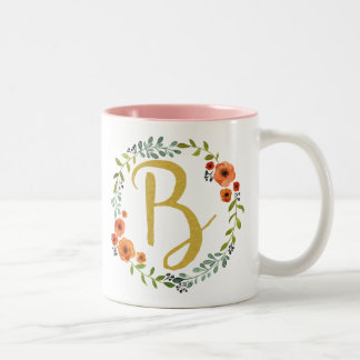 Flower Wreath Gold Monogram Initial B Two-Tone Coffee Mug