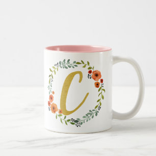 Flower Wreath Gold Monogram Initial C Two-Tone Coffee Mug