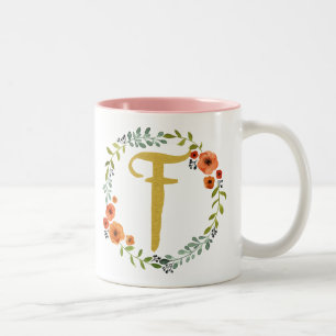 Flower Wreath Gold Monogram Initial F Two-Tone Coffee Mug