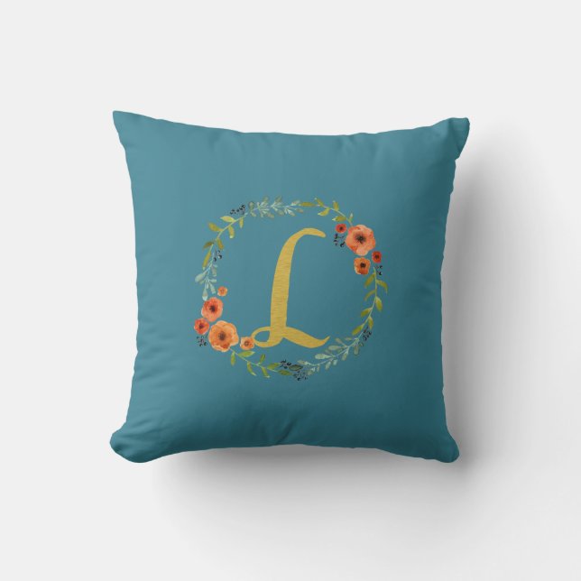Flower Wreath Gold Monogram Initial L Cushion Teal (Front)