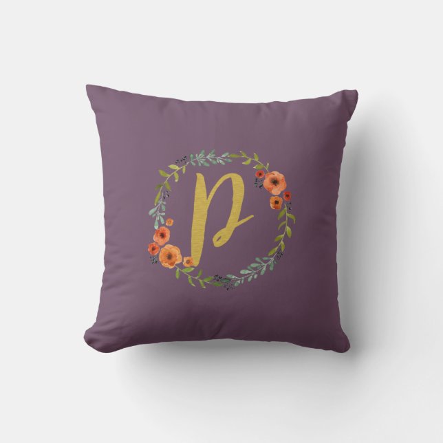Flower Wreath Gold Monogram Initial P Cushion (Front)