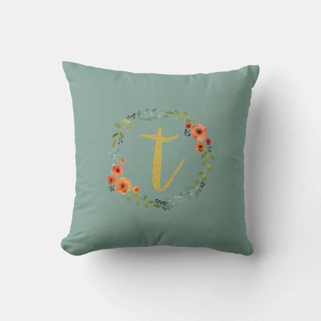 Flower Wreath Gold Monogram Initial T Cushion (Front)