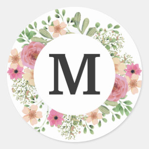 Flower Wreath Monogram Classic cute Classic Round Sticker