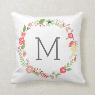 Flower Wreath Monogram Throw Pillow