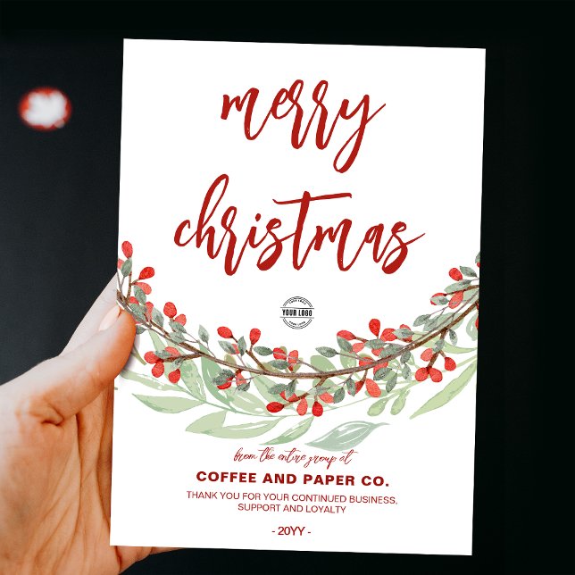 Flower Wreath Script Merry Christmas Business Logo Holiday Card (Flower Wreath Script Merry Christmas Business Logo Holiday Card)