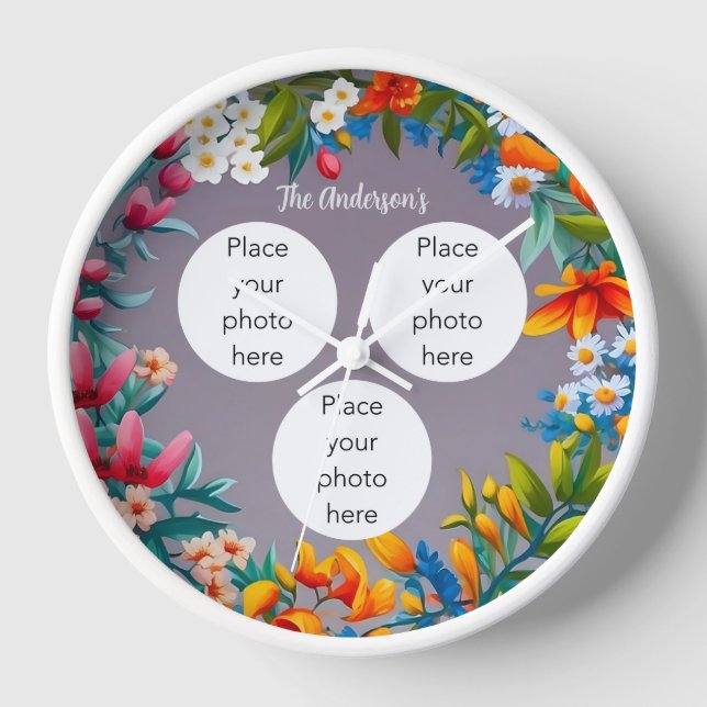 Flower wreath three photo and name customizable clock (Front)