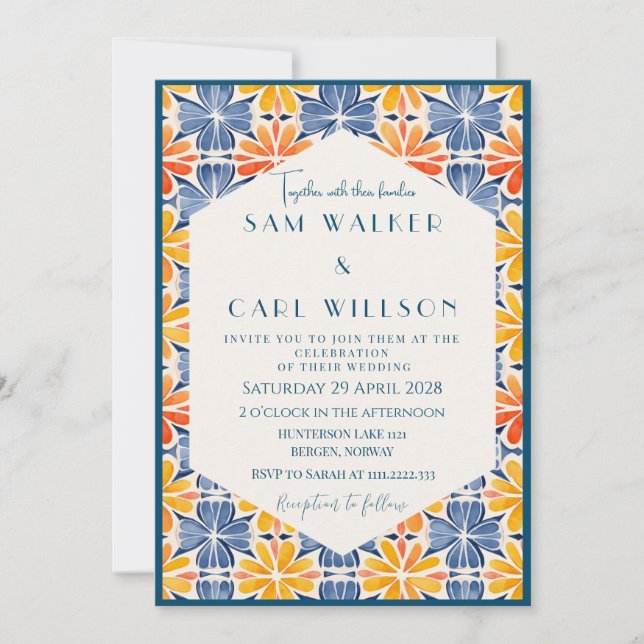 Flower Yellow Blue Orange Tile + Border Invitation (Front)