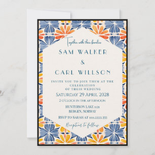 Flower Yellow Blue Orange Tile Wedding (Border) Invitation