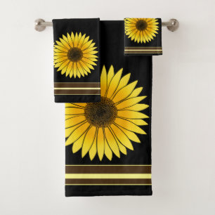Flower Yellow Double Sunflower Black Background Bath Towel Set