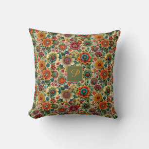 Flower yellow orange cottagecore Pattern monogram Throw Pillow